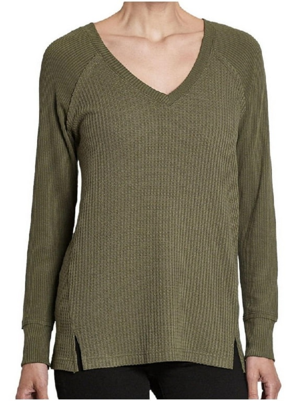 Waffle-Knit V-Neck Top in Olive